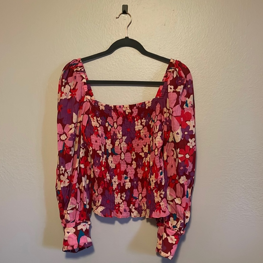 Free People Ariana Smocked Printed Balloon Sleeve Ruffle Top